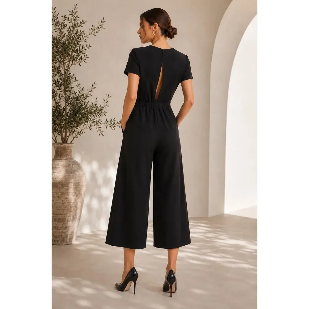 J.Crew Black Wide Leg Cropped Jumpsuit Open Back Career Minimalist Quiet Luxury